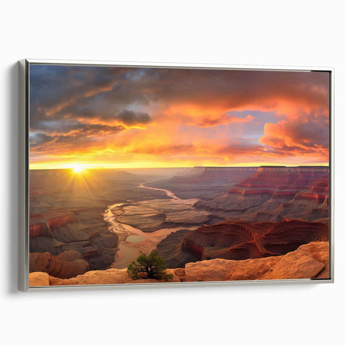 Framed canvas wall art showcasing a stunning canyon landscape with vibrant colors and intricate details, elegantly bordered in silver, perfect for home decor.