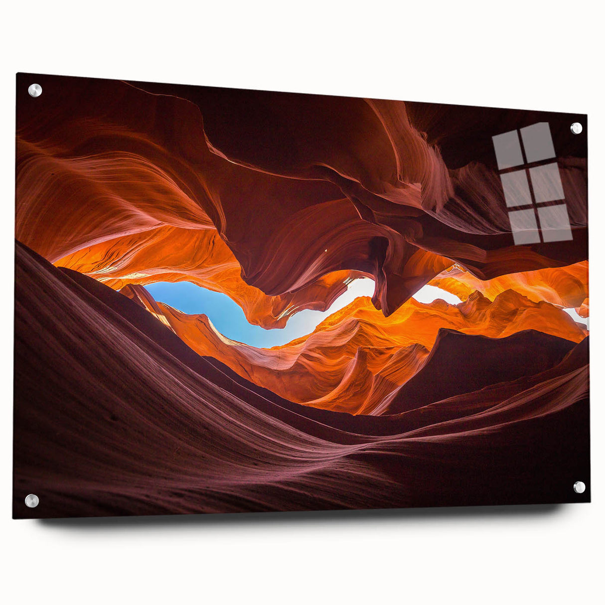 Acrylic glass wall art featuring a vibrant canyon landscape design, showcasing rich earth tones and intricate details, mounted with stylish pins for an elegant display.