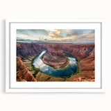 Framed wall art showcasing a stunning canyon landscape design, featuring vibrant colors and intricate details in a white mat, perfect for home decor enhancement.