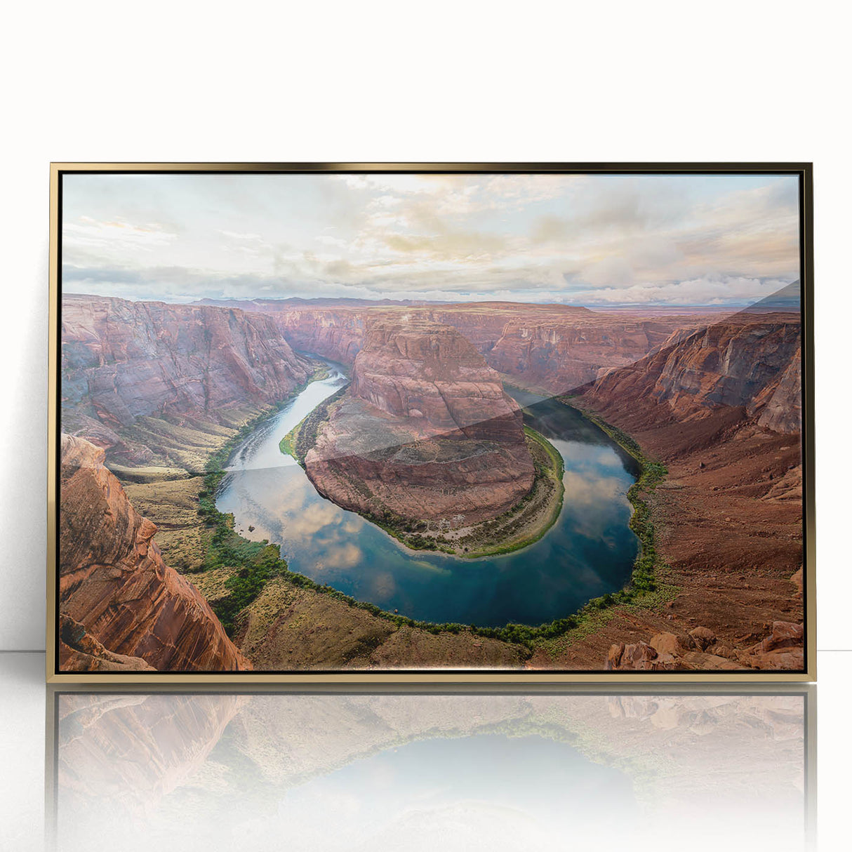Framed wall art featuring a stunning canyon landscape design with gold accents, showcasing rich colors and intricate details that enhance any decor setting.