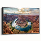 Framed canvas wall art showcasing a vibrant canyon landscape design with rich earth tones, black frame, and a side view that highlights its depth and texture. Perfect for adding a natural touch to modern home decor.
