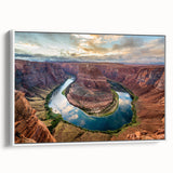Framed canvas wall art showcasing a stunning canyon landscape design with rich earth tones and vibrant blues, perfect for enhancing home decor aesthetics.