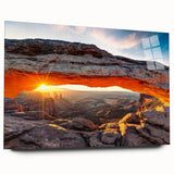 Acrylic glass wall art collection showcasing a vibrant canyon landscape design, prominently displayed in a side view without pins, perfect for modern decor.