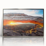 Framed acrylic wall art showcasing a striking canyon landscape design in silver tones, ideal for modern home decor and enhancing living spaces with natural beauty.
