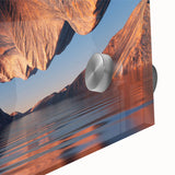 Close-up of a vibrant acrylic glass wall art piece showcasing a stunning canyon landscape design, featuring rich colors and intricate details, perfect for home decor.