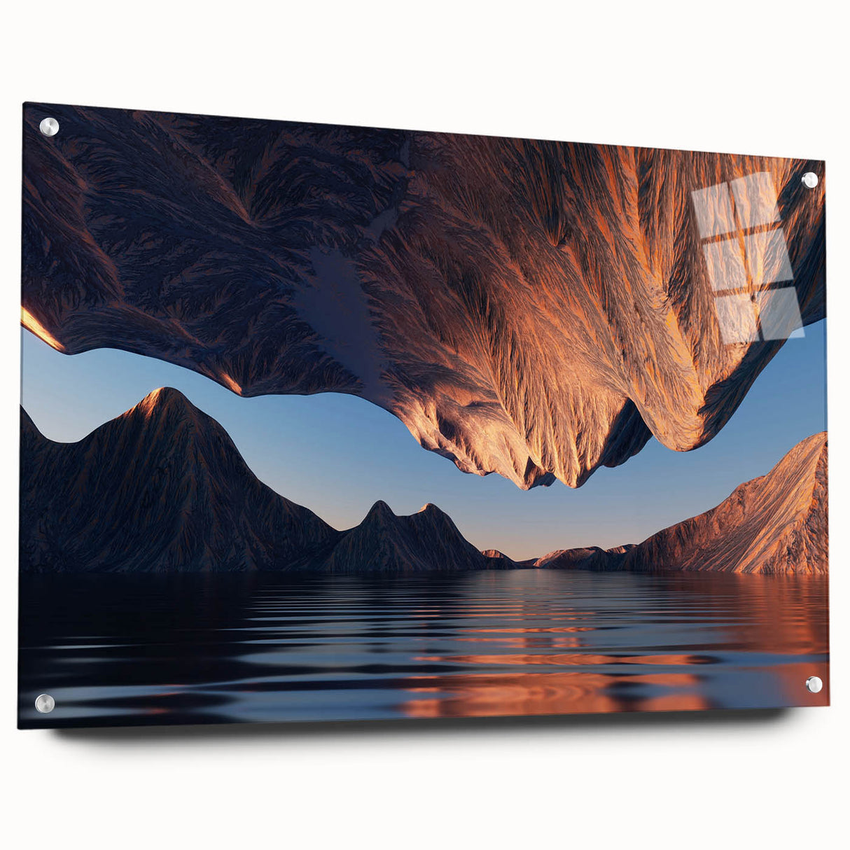 Acrylic glass wall art display showcasing a stunning landscape of canyons, featuring vibrant colors and intricate details, elegantly mounted and secured with pins.