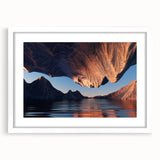 Framed wall art showcasing a stunning canyon landscape design, featuring vibrant colors and intricate details, set in a white mat for an elegant presentation.