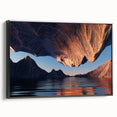 Framed canvas wall art showcasing a stunning canyon landscape design, featuring vibrant colors and intricate details, presented in a sleek black frame, ideal for enhancing home decor.