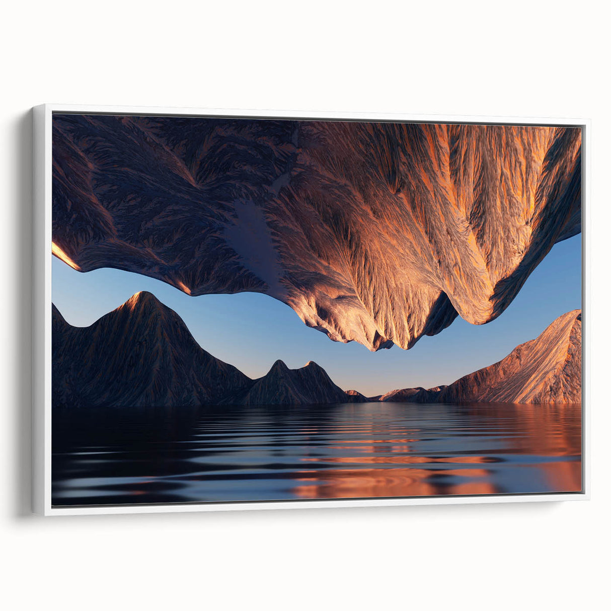 Framed canvas wall art showcasing a stunning canyon landscape design in earthy tones, elegantly displayed from the side against a white background. Perfect for enhancing modern interior decor.
