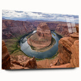 Acrylic glass wall art showcasing a vibrant canyon landscape design, featuring rich colors and intricate details, elegantly displayed without pins for modern decor.