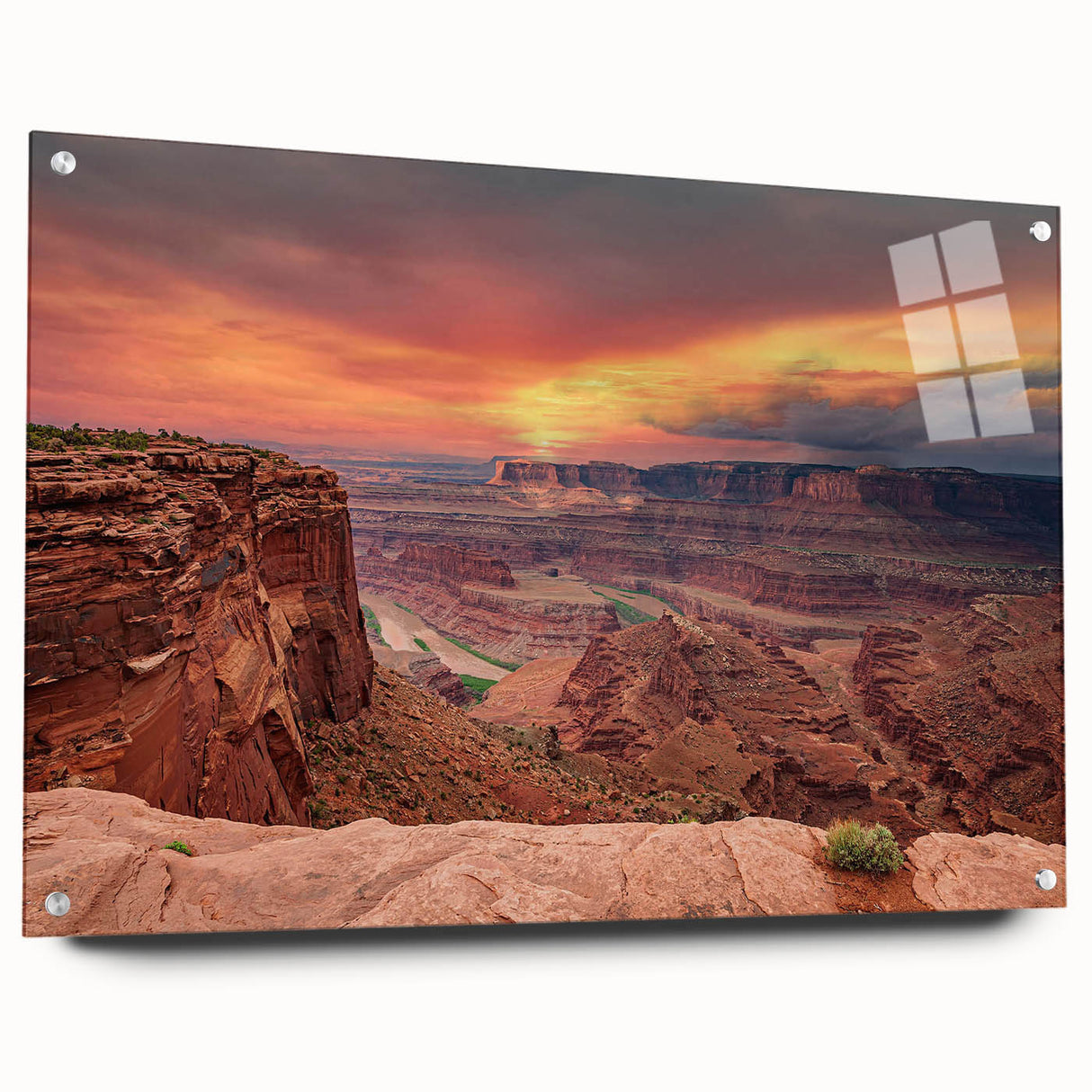 Acrylic wall art featuring a stunning canyon landscape design, showcasing vibrant colors and intricate details. Ideal for home decor, this piece offers a captivating side view and is elegantly mounted with pins for easy display. Perfect addition to any art collection.
