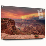 Acrylic wall art featuring a stunning canyon landscape design, showcasing vibrant colors and intricate details. Ideal for home decor, this piece offers a captivating side view and is elegantly mounted with pins for easy display. Perfect addition to any art collection.