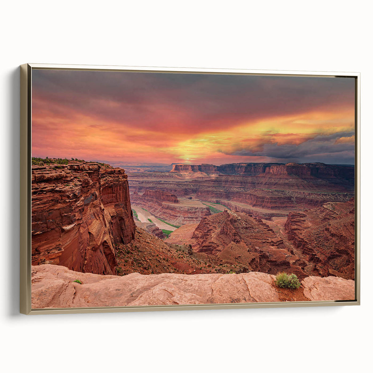 Framed wall art featuring a scenic canyon landscape design with rich earth tones, gold accents, and an elegant side view, perfect for home decor enhancement.