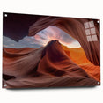 Acrylic glass wall art featuring a vibrant canyon landscape design, showcasing intricate details and a side view with decorative pins, perfect for modern decor.