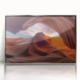 Framed wall art featuring a stunning canyon landscape design in vibrant colors, set in a sleek silver frame, perfect for modern home decor.