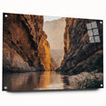 Acrylic glass wall art showcasing a vibrant canyon landscape design, displayed from a side view with decorative pins, ideal for modern home decor.