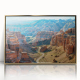 Framed acrylic wall art showcasing an abstract canyon landscape in gold hues, perfect for modern home decor, emphasizing elegance and sophistication.
