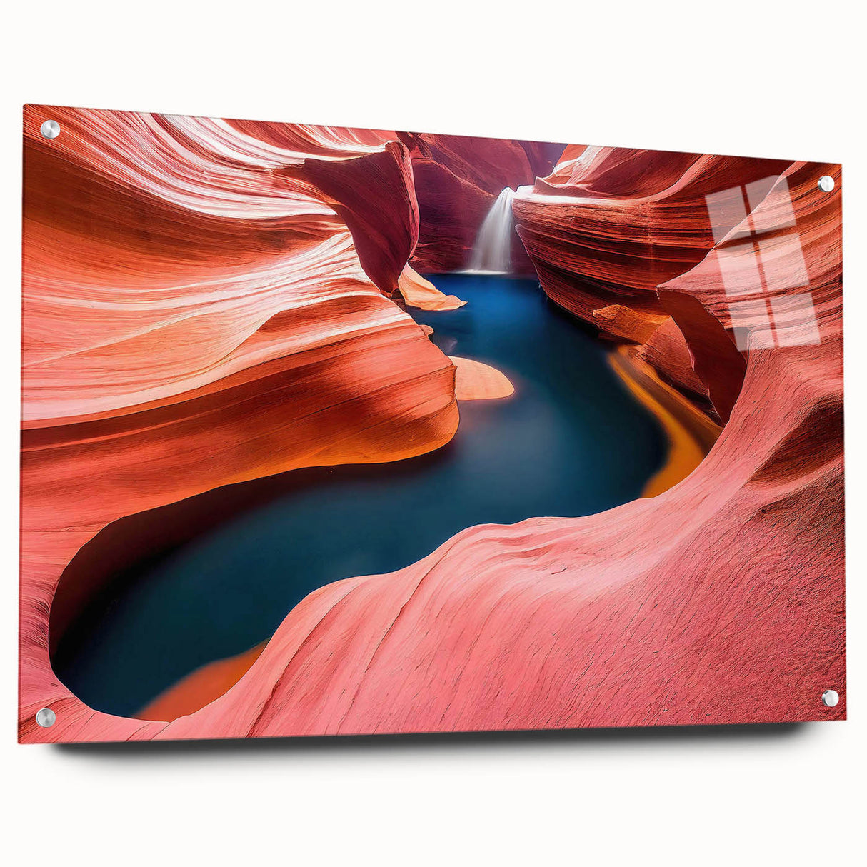 Acrylic glass wall art collection showcasing a stunning canyon landscape design, featuring vibrant colors and intricate details, displayed in a modern side view with pins.
