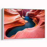 Framed canvas artwork showcasing a stunning desert canyon landscape, featuring rich red and orange hues, perfect for modern home decor. The piece is elegantly displayed from a side view against a white background, emphasizing its artistic design and vibrant color palette.