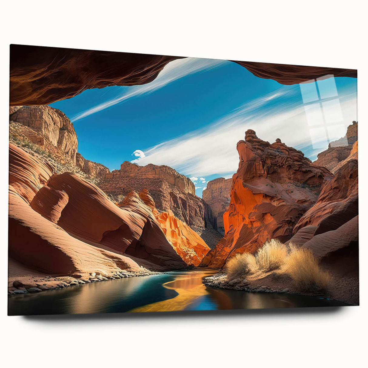 Acrylic glass wall art collection showcasing a stunning canyon landscape design, viewed from the side without pins, highlighting vibrant colors and intricate details, perfect for modern home decor.