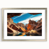 Framed wall art featuring a stunning canyon landscape design, showcased in a silver frame with a mat, ideal for home decor enthusiasts. Perfect for enhancing interior spaces.