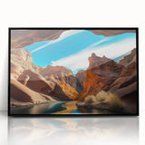 Framed wall art featuring a stunning canyon landscape design, with vibrant colors and intricate details, showcased in a sleek black frame, perfect for modern decor.