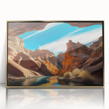 Framed wall art collection showcasing a vibrant canyon landscape, featuring rich gold accents and a sleek acrylic front, ideal for modern decor.