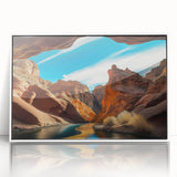 Framed acrylic wall art featuring a breathtaking canyon landscape design, showcasing vibrant colors and intricate details, perfect for enhancing modern home decor.