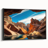 Framed canvas wall art showcasing a stunning canyon landscape design with rich earth tones and textures, displayed in a sleek black frame, perfect for modern decor.