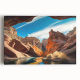 Stretched canvas artwork showcasing a vibrant canyon landscape with rich colors and intricate details, ideal for adding a natural touch to home decor.