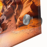 Close-up view of a vibrant acrylic glass wall art piece showcasing a stunning canyon landscape design, featuring rich colors and intricate details, perfect for home decor.