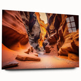 Acrylic glass wall art piece showcasing a stunning canyon landscape design, featuring vibrant colors and intricate details, displayed from a side view without pins. Perfect for enhancing modern home decor and creating a serene atmosphere.