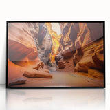 Framed acrylic wall art showcasing a stunning canyon landscape design, featuring vibrant colors and intricate details, ideal for home decor. This piece adds a modern touch to any living space.