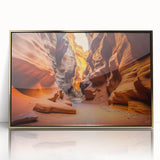 Framed acrylic wall art showcasing a stunning landscape of canyons, featuring vibrant gold tones and intricate details, perfect for modern home decor.