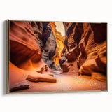 Framed wall art showcasing a stunning canyon landscape design with rich gold accents, ideal for contemporary home decor, displayed from a side angle.