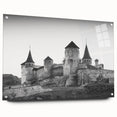 Acrylic glass wall art collection showcasing a detailed landscape of a castle, featuring vibrant colors and a side view display with pins for easy mounting. This artwork adds a touch of elegance and historical charm to any interior decor.