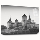 Acrylic glass wall art collection showcasing a detailed landscape of a castle, featuring vibrant colors and a side view display with pins for easy mounting. This artwork adds a touch of elegance and historical charm to any interior decor.