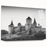 Acrylic glass wall art displaying a detailed landscape of a majestic castle surrounded by lush greenery, showcasing vibrant colors and intricate details, ideal for home decor.