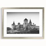 Framed wall art collection showcasing a stunning landscape of castles, featuring a silver frame and mat for an elegant presentation, perfect for home decor.