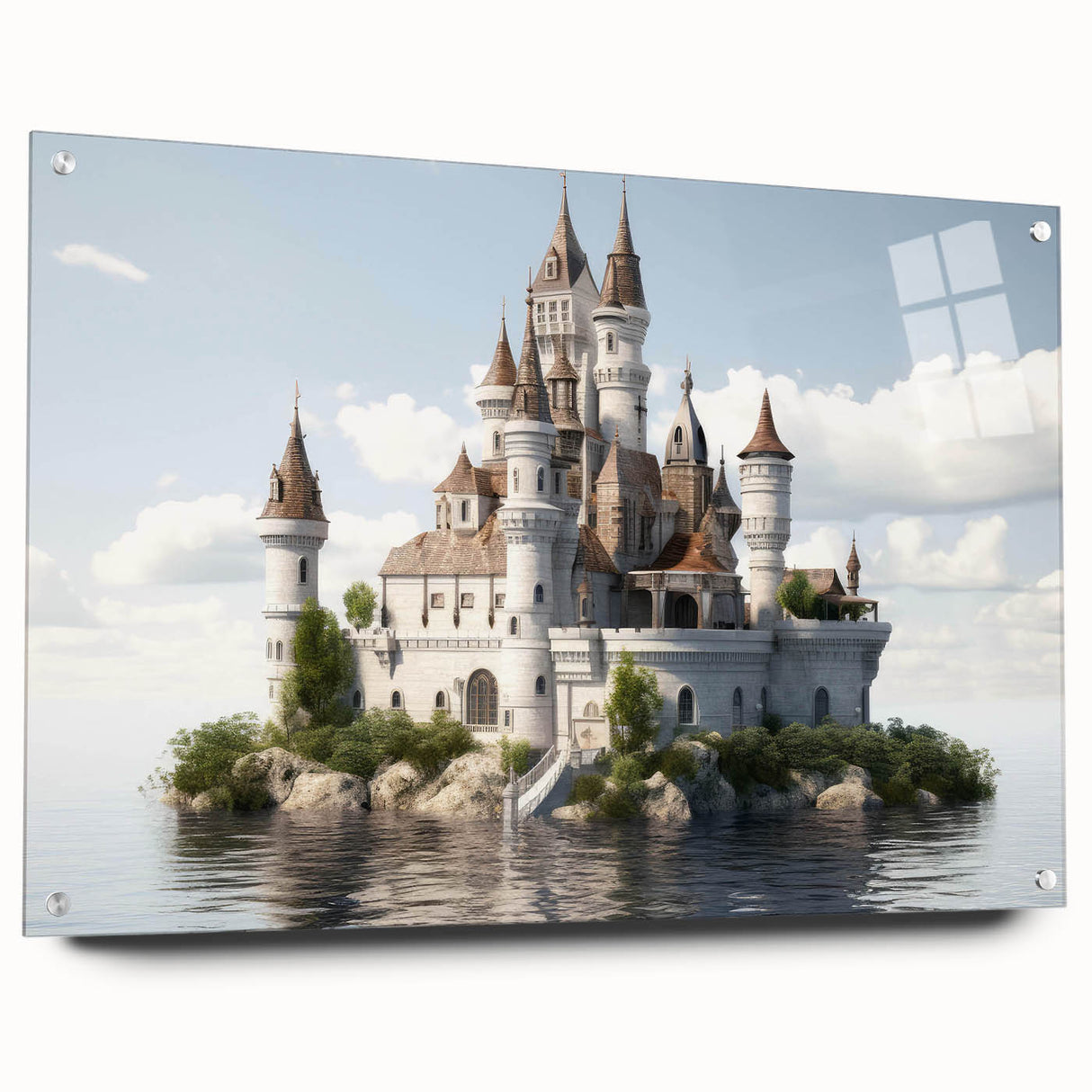 Side view of a modern acrylic glass wall art piece showcasing a vibrant landscape with a castle, featuring intricate details and vivid colors, ideal for home decor.