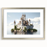 Framed landscape castle wall art design in silver matting, showcasing intricate details and vibrant colors, ideal for enhancing home decor aesthetics.
