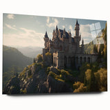 Side view of a stunning acrylic glass wall art piece showcasing a vibrant landscape with majestic castles, designed to enhance home décor. The artwork features rich colors and intricate details, perfect for adding elegance to any room.