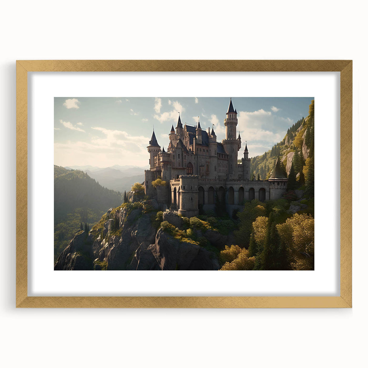 Elegant wall art featuring a landscape scene with a majestic castle, framed in gold and matted, perfect for enhancing home decor and adding sophistication.