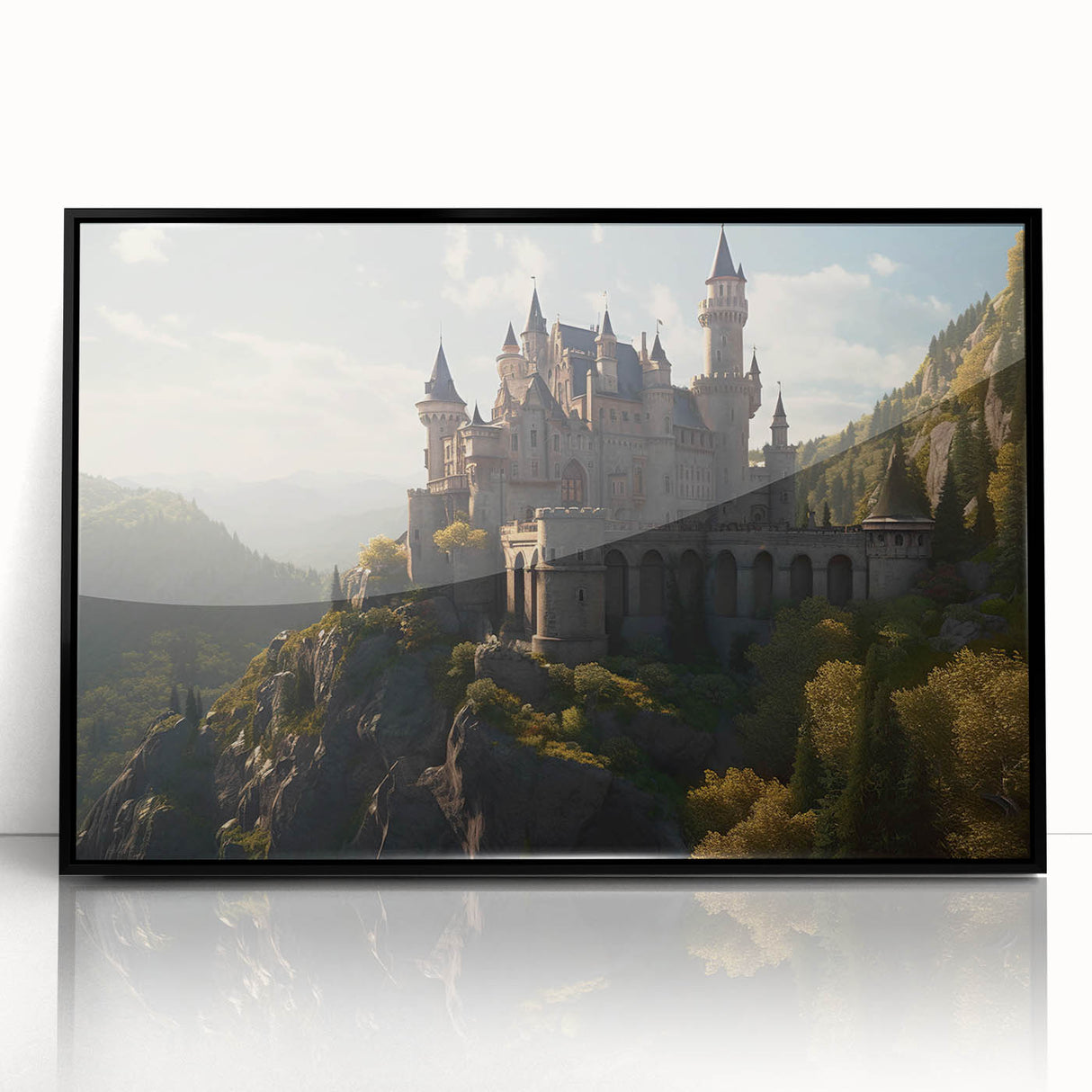 Framed acrylic wall art showcasing a stunning castle landscape design, featuring vibrant colors and intricate details, perfect for enhancing home decor in any setting.