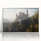 Framed acrylic wall art showcasing a picturesque landscape of a castle, featuring vibrant colors and intricate details, perfect for home decor enhancement.