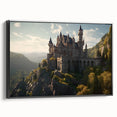 Framed canvas wall art featuring a scenic landscape of a majestic castle surrounded by lush greenery, showcased from a black side view, ideal for home decor.