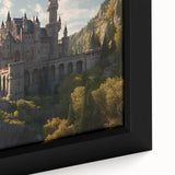 Framed canvas artwork showcasing a vibrant landscape of an ancient castle surrounded by lush greenery and a clear blue sky, perfect for enhancing home decor.