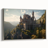 Framed canvas wall art showcasing a stunning landscape with a majestic castle, designed in elegant silver tones. Ideal for enhancing home decor aesthetics.
