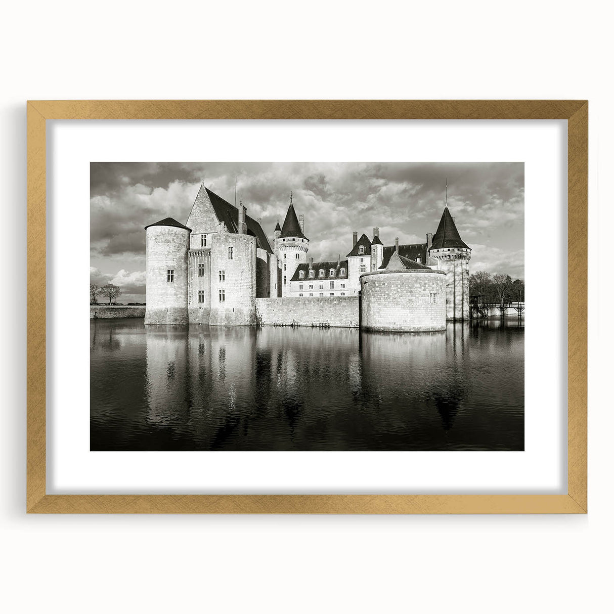 Elegant gold-framed wall art featuring a picturesque landscape of a majestic castle, designed with a matte finish, perfect for enhancing home decor and interior design aesthetics.