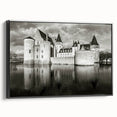 Framed canvas wall art depicting a stunning landscape with a medieval castle, featuring rich colors and intricate details, ideal for enhancing home decor.